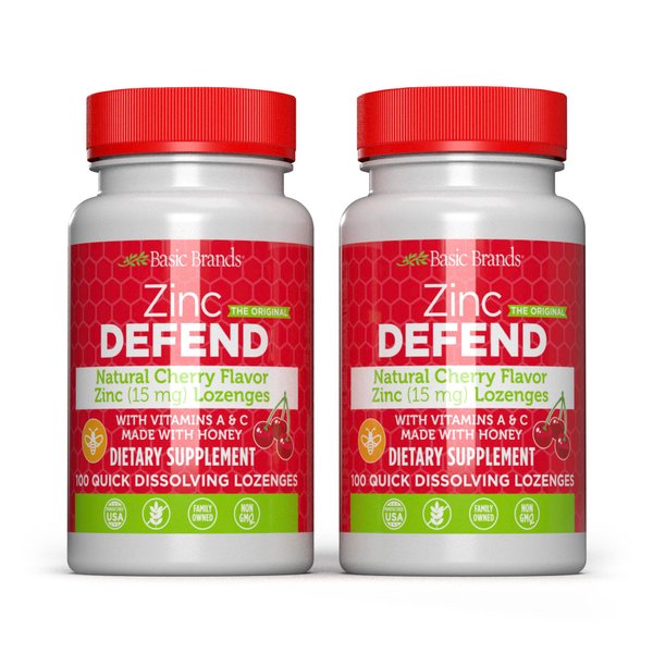 Basic Brands – Zinc Cherry Defend - 100 Lozenges - Natural Cherry Flavor Zinc–Lozenges - Immune Boost, Cold Relief, Non-GMO, Zinc Acetate & Vitamin C - 2-Pack