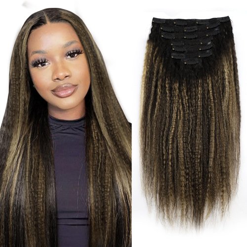 Sassina Clip in Thick Hair Extensions Human Hair 14 Inch Double Weft Remy Hair Extensions Clip ins Two Tone Natural Black Fading to Strawberry Blonde 120 Gram 7 Pcs with 17 Clips #T1B/1BP27