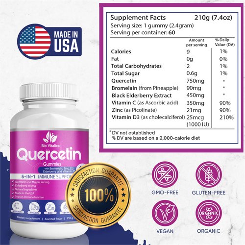 BIO VITALICA Quercetin Gummies by BioVitalica - Quercetin with Bromelain Vitamin C and Zinc & Elderberry + Vitamin D3-5 in 1 Immune Support - Zinc Quercetin 750 mg for Kids and Adults (1)