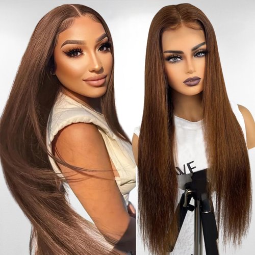 Luxangeles Brown Straight chocolate Lace Front closure wig Straight Bob Wig 4X4 Hd Pre Plucked Hairline with Baby Hair Glueless brown closure human hair Brazilian Virgin Straight wigs