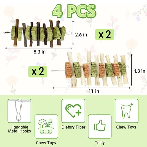 Hamiledyi 4PCS Bunny Chew Toys Rabbit Hanging Toys for Teeth Grinding Natural Apple Wood Sweet Bamboo Sticks Timothy Grass&Carrot Cake for Chewing/Improving Rodent Animals Dental Health