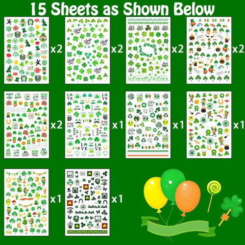 Partywind 966 Styles St Patrick's Day Nail Stickers, Self-Adhesive Saint Patrick's Day Nail Art Stickers Decals Wraps for Kids Women Girls, Irish Shamrock Accessories Decorations (15 Sheets)