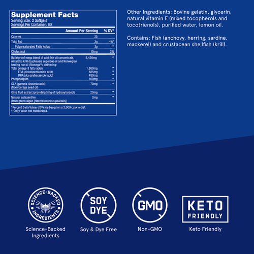 Bulletproof Omega Krill Complex, Lemon Flavor, 120 Softgels, 1560mg Omega-3 with EPA, DHA, GLA, and Astaxanthin, Keto Fish Oil Supplement for Brain and Heart Health