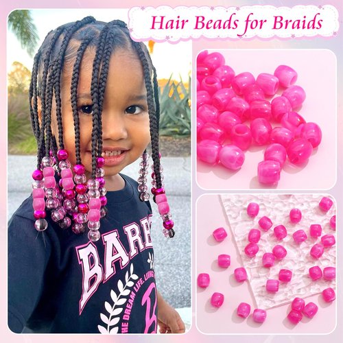 VENOFEN 50PCS Pink Hair Beads Hot Pink Jumbo Beads for Braids Pony Beads for Kids Girls Jewelry Making Kit Loc Dreadlock Accessories Braid Decoration, Small