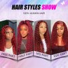 Burgundy Red 13x4 Lace Front Wigs with Natural Deep Wave, Transparent Lace and Baby Hair, Pre-Plucked Human Hair Curly Wig for Black Women 16 Inch