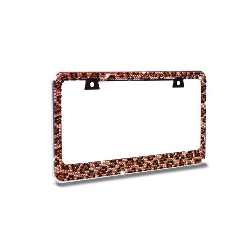 JR2 Premium Bling Brown/Black Leopard(Brown Cap-A Type) Crystal Diamond Rhinestone-Metal Chrome License Plate Frame
