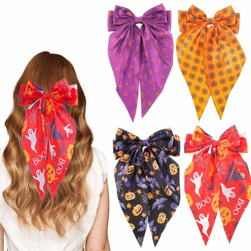 Jewemia Hair Bows for Women Spider Hair Bow Hair Clips Bat Satin Hair Barrettes Pumpkin Halloween Hair Accessories Gifts for Women and Girls 4 pcs (Spider-1)