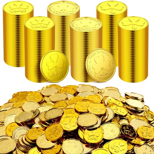 Sanwuta 400 Pieces St. Patrick's Day Gold Coins Plastic Lucky Coins Shamrock Leprechaun Coins St Patricks Day Decorations with 3 Leaf Clover for St. Patrick's Day Party Decoration(Assorted Style)