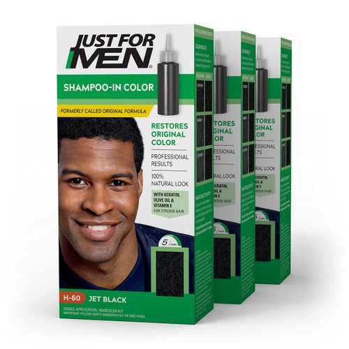 Just For Men Shampoo-In Color (Formerly Original Formula), Mens Hair Color with Keratin and Vitamin E for Stronger Hair - Jet Black , H-60, Pack of 3