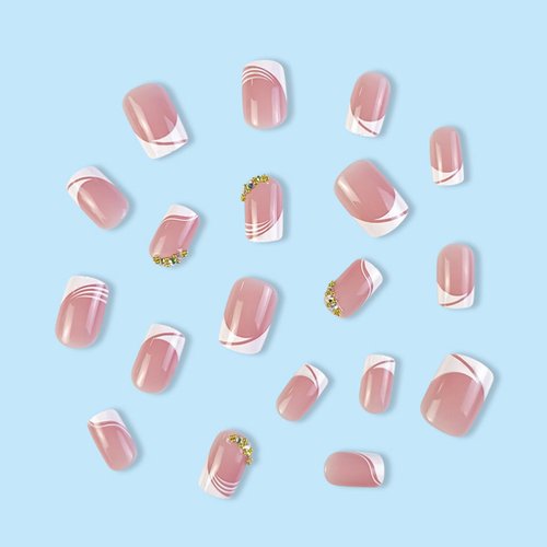 24 Pcs Acrylic Press on Nails, ASONRL Short Medium Square French White Edge Pink Fake Nails with Gold Rhinestones, Glue on Nails Reusable False Nails for Women, French- Gold Diamond Square