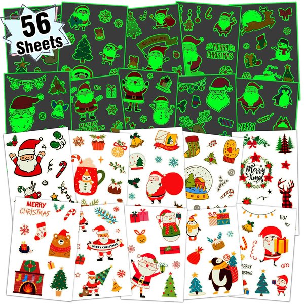 Partywind 56 Sheets (535 Glow Styles) Christmas Temporary Tattoos Party Decorations, Luminous Christmas Holiday Party Supplies for Kids Stocking Stuffers, Tattoo Stickers for Xmas
