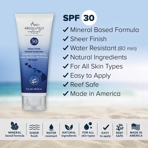 Absolutely Natural - SPF 30 Mineral Sunscreen - Broad Spectrum Water Resistant Moisturizer Lotion For Body & Face - With Non-Nano Zinc Oxide, Vitamin E, & Antioxidants - Made in USA, 3 Oz