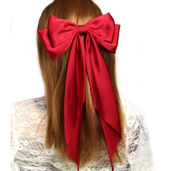 Women Big Bow Barrettes Girl's Satin Hairclips Long Ribbon Hair Pins Accessories For Party (Burgundy)