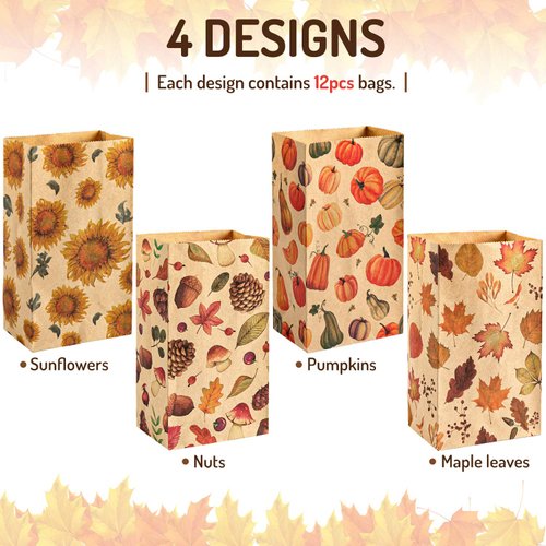 Whaline 48Pcs Thanksgiving Fall Flat Treat Bags Kraft Paper Bags Pumpkins Maple Leaves Sunflowers Nuts Patterned Grocery Bag Small Goodie Bag Candy Gift Bags for Party Favor Supply