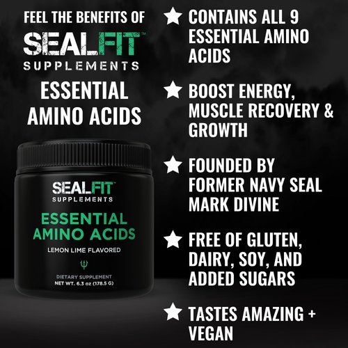 SEALFIT Essential Amino Acids Pre + During + Post Workout Powder. EAA + BCAA Aminos Supplement for Energy, Muscle Growth, and Recovery. EAAs and BCAAs. Perfect Preworkout for Men & Women. Lemon Lime