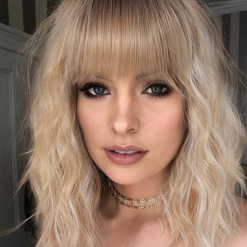 testar Short Wavy Bob Wigs With Bangs,Blonde Wigs for White Women,Synthetic Heat Resistant Fiber Curly Wigs for Daily Party Use 14In