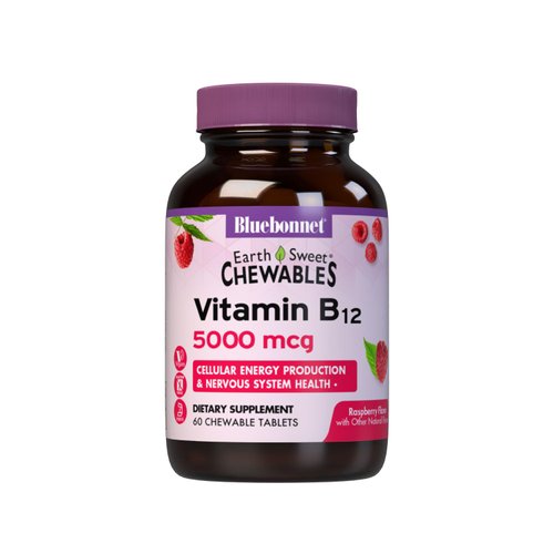 Bluebonnet Nutrition Earth Sweet Vitamin B12 5000 mcg Chewable Tablets, Soy-Free, Gluten-Free, Kosher Certified, Dairy-Free, Vegan, Raspberry Flavored, 60 Chewable Tablets, 60 Servings