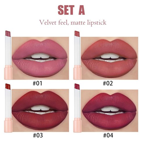 Tiejdhr 4 Colors Mini Little Tube Lipstick, Matte Velvet Lipstick, Red Moisturizer Smooth Lip Stick Lip Stain Long Lasting 24-Hours Waterproof Labiales Mate (Set A)
