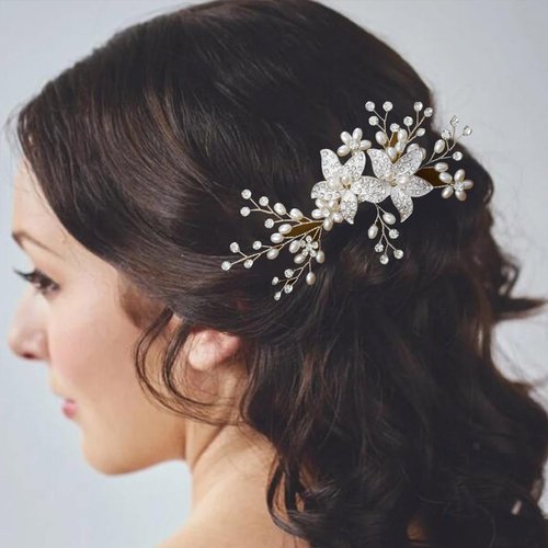 Foyte Crystal Flower Hair Comb Wedding Headpiece Silver Rhinestone Hair Piece Bride Pearl Hair Accessories for Women and Brides