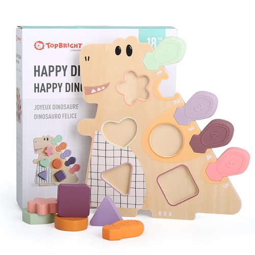 TOP BRIGHT Montessori Shape Sorter Toy for Toddlers 18 Months to 3 Years, Wooden Dinosaur with Silicone Numbers, Sensory Play and Color Sorting Game - Enhances Fine Motor Skills