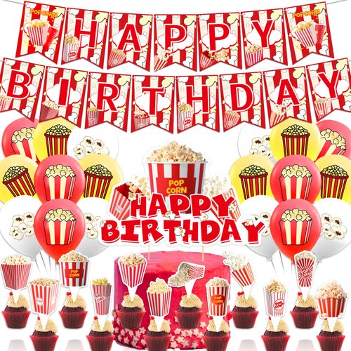 Popcorn Party Decorations Popcorn Birthday Party Supplies Includes Popcorn Banner Cake Topper Cupcake Topper Balloons for Movie Night, Birthday, Carnivals, Circus Party