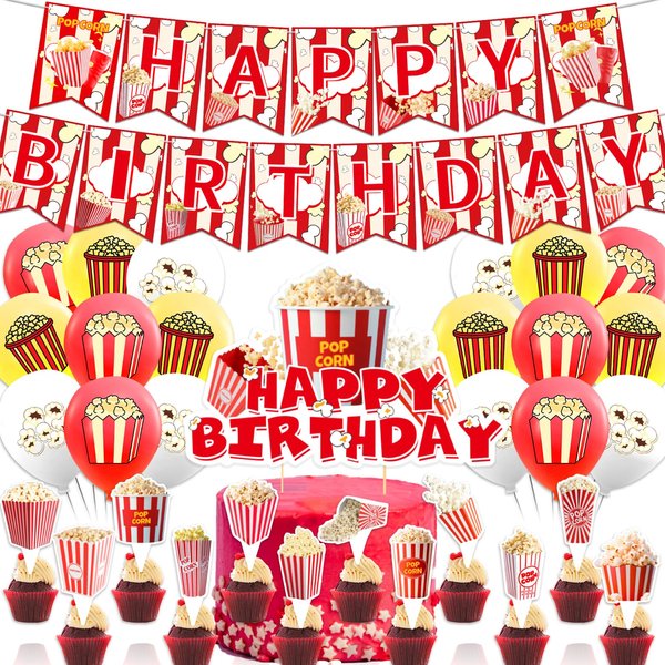 Popcorn Party Decorations Popcorn Birthday Party Supplies Includes Popcorn Banner Cake Topper Cupcake Topper Balloons for Movie Night, Birthday, Carnivals, Circus Party