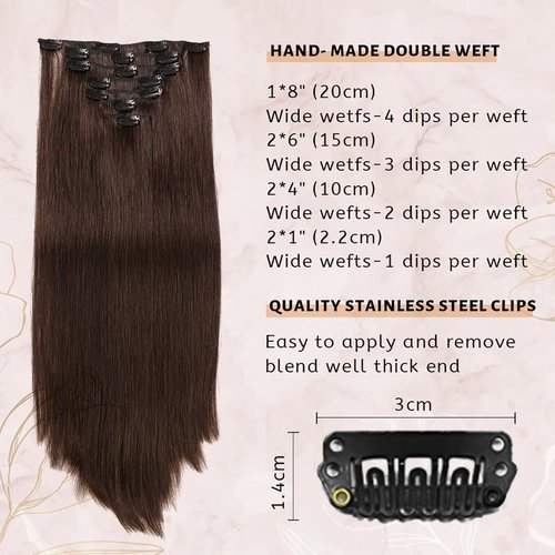 Clip In Hair Extensions Real Human Hair Dark Brown Hair Extensions For Women 7pcs Per Set with 16 Clips 100% Remy Virgin Human Hair Clip In Extensions Double Weft Clips Straight Soft Hair 18inch