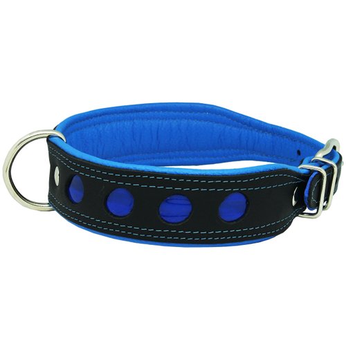 Dogs My Love Real Leather Soft Leather Padded Dog Collar Reflective (15"-17" Neck; 1.75" Wide, Black/Blue)