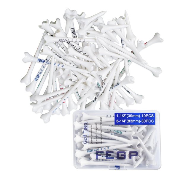 3-1/4 Inch Golf Tees Plastic Performance Series Low Resistance Tee White, Mixed Pack of 40 in Bulk 4 Prongs Golf Tees Improve Swing Accuracy and Distance,10 Short Tees