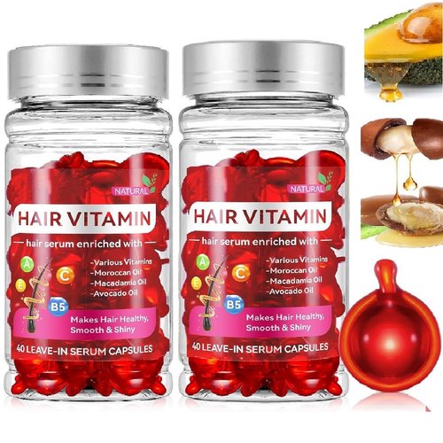 Ginaday 2 Box Hair Vitamins Perfect Treatment Serum Oil Capsules,Enriched with Moroccan Macadamia Avocado Oils Vitamins A C E Pro B5 Hair Serum Oil for Frizzy and Damaged Hair.(80 Pcs)