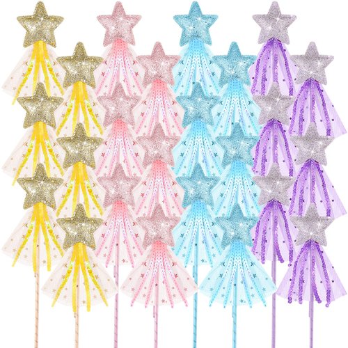 Honoson Glitter Star Magic Wand Princess Wand Fairy Wand Angel Star Wand Stick with Ribbon for Girl Kid Birthday Wedding Princess Dress up Role Play Party Supply Favor, Pink Purple Gold Blue(50 Pcs)