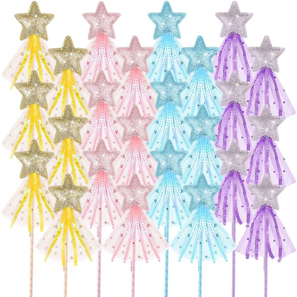 Honoson Glitter Star Magic Wand Princess Wand Fairy Wand Angel Star Wand Stick with Ribbon for Girl Kid Birthday Wedding Princess Dress up Role Play Party Supply Favor, Pink Purple Gold Blue(50 Pcs)