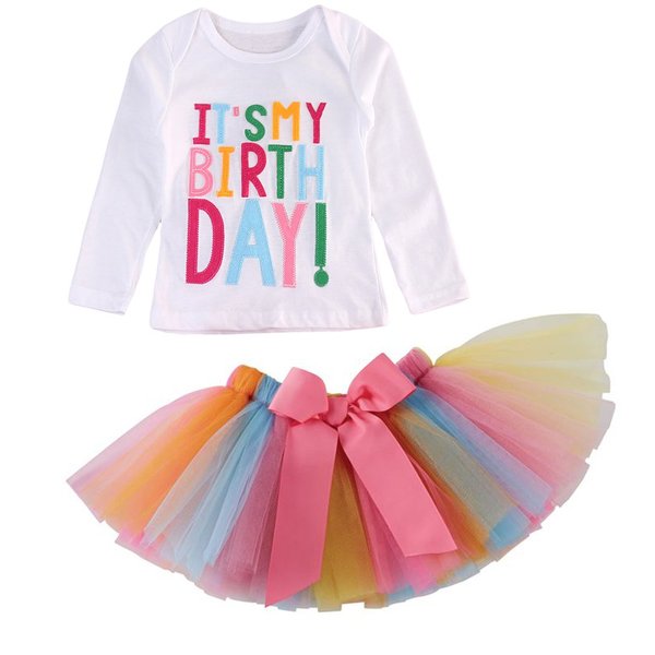 Girls'It's My Birthday Print Shirt Tutu Skirt Dress Outfit Set (White Long Sleeve, 3-4 Years)