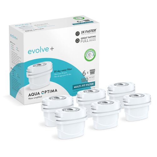 Aqua Optima Evolve+ Replacement Filter for Aqua Optima Pitchers, Perfect Pour, Filtered Dispensers, Aurora, Filter Kettles and SCA Coffee Makers. NSF/ANSI Certified, Reduces Microplastics, Pack of 6