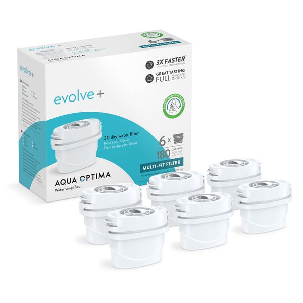 Aqua Optima Evolve+ Replacement Filter for Aqua Optima Pitchers, Perfect Pour, Filtered Dispensers, Aurora, Filter Kettles and SCA Coffee Makers. NSF/ANSI Certified, Reduces Microplastics, Pack of 6