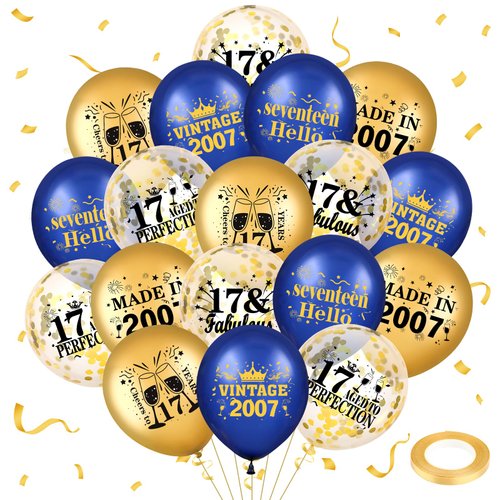 Blue Gold 17th Birthday Balloons for Boys Girls 18Pcs Navy Blue Vintage 2007 Balloons Vintage 17th Birthday Confetti Latex Balloons for Boys Girls 17th Birthday Party Decorations Supplies 12 inch
