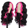 msloosily Hot Pink Skunk Stripe Wigs 22inch Highlight Synthetic Hair Lace Front Wigs for Black Women Middle Part Fake Scalp Long Wavy Wig Natural Looking Synthetic Body Wave Wigs