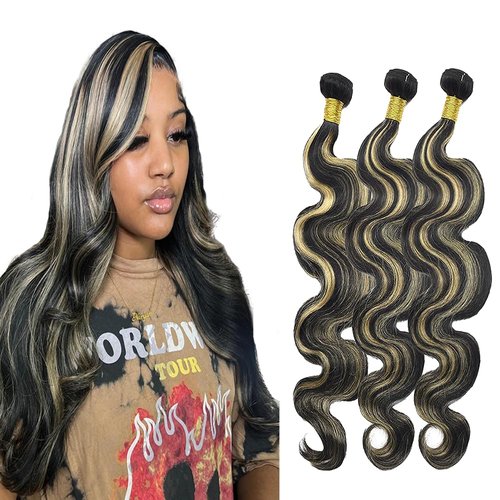 Highlight Human Hair Bundles P1B27 Body Wave Bundles 10 12 14 inch Honey Blonde Body Wave Bundles P1B27 Bundles Human Hair Weave Brazilian Virgin Black Mixed With Honey Blonde Remy Hair Extensions