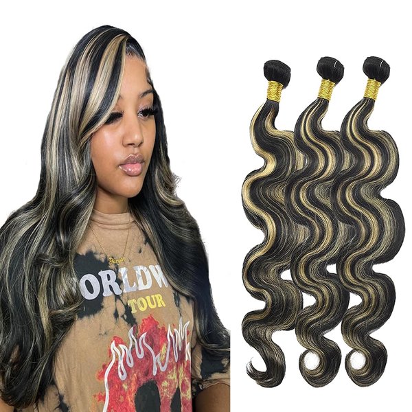 Highlight Human Hair Bundles P1B27 Body Wave Bundles 10 12 14 inch Honey Blonde Body Wave Bundles P1B27 Bundles Human Hair Weave Brazilian Virgin Black Mixed With Honey Blonde Remy Hair Extensions