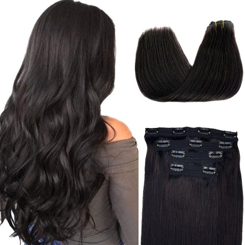 Black Hair Extensions Clip in Human Hair,4 Pieces Real Hair Extensions Clip ins Remy Human Hair Clip on Double Weft Lace Hair Extensions Full Head for White Women 18 inch 100G