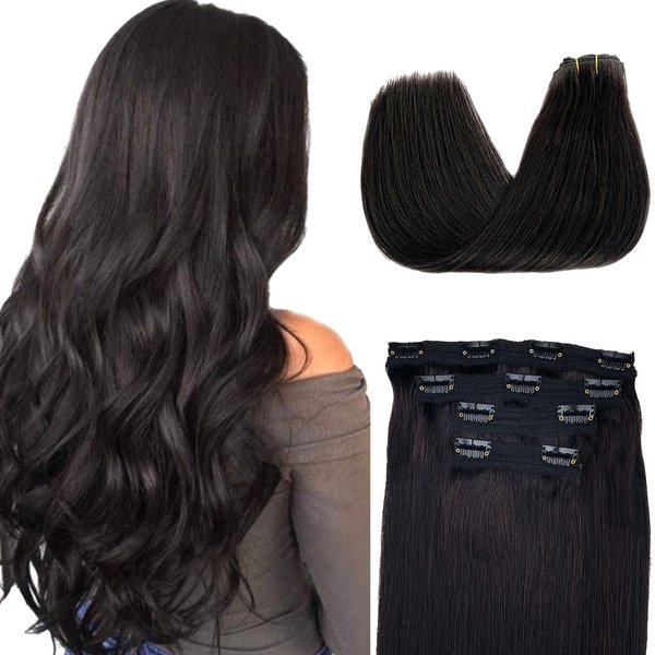 Black Hair Extensions Clip in Human Hair,4 Pieces Real Hair Extensions Clip ins Remy Human Hair Clip on Double Weft Lace Hair Extensions Full Head for White Women 18 inch 100G