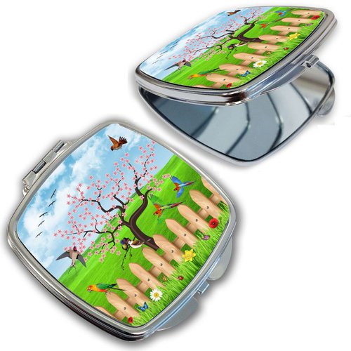 BleuReign(TM) Pretty Flowers and Birds on a Fence Compact Mirror