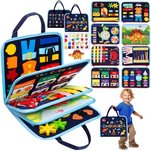 Goodfuns Busy Board Montessori Toys for 1 2 3 4 Year Old, 9 in 1 Busy Book for Toddlers 1-3, Sensory Board Activities Learning Travel Toys for Plane Car, Birthday Gifts for Kids Boys Girls (Dinosaur)