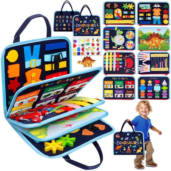 Goodfuns Busy Board Montessori Toys for 1 2 3 4 Year Old, 9 in 1 Busy Book for Toddlers 1-3, Sensory Board Activities Learning Travel Toys for Plane Car, Birthday Gifts for Kids Boys Girls (Dinosaur)