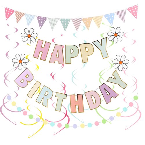 Happy Birthday Banner Macaron Birthday Decorations No DIY Colorful Flag Letters Hanging Swirls Streamers Circle Dots Garland Happy Birthday Party Decorations Supplies for Women Men Boys Girls