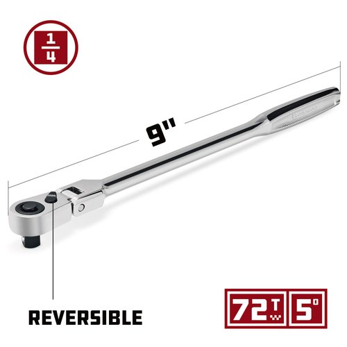 Powerbuilt 1/4 Inch Drive Flex Head Ratchet, 9 Inch Reach, Extra Long Contour Tool Handle, 72 Tooth, Pro Tech Series 649951
