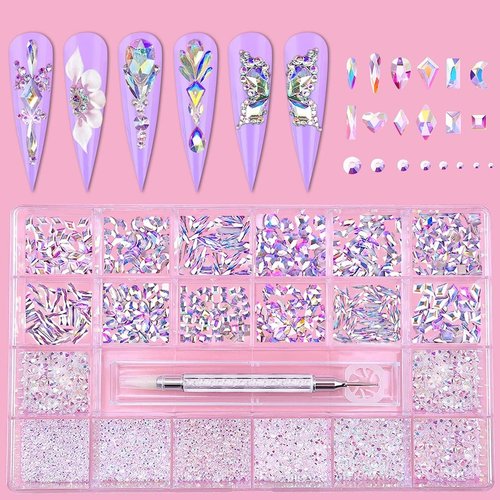 Nail Art AB Crystals Rhinestones Set - 3100pcs Nail Gems Flatback Jewels for Acrylic Nails Design, 12 Types of 600 Special-Shaped Diamonds + 2500 Flatback Rhinestones Kit for Nail DIY Decorations