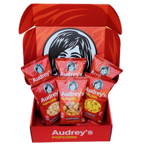 Audrey's Popcorn Luxury Gift Box includes 6 Individual 3-Cup-Size Bags: Cheddar Cheese Popcorn, Caramel Popcorn, Kettle Corn Popcorn, Gluten-Free Sweet and Salty treat. This multipack is perfect for Christmas gifts and all occasions.