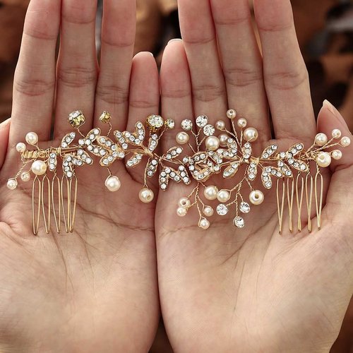 Foyte Crystal Bride Wedding Hair Comb Gold Leaf Bridal Headpieces Rhinestone Flower Hair Vines Pearl Bridesmaid Side Combs Hair Accessories for Women(Gold)