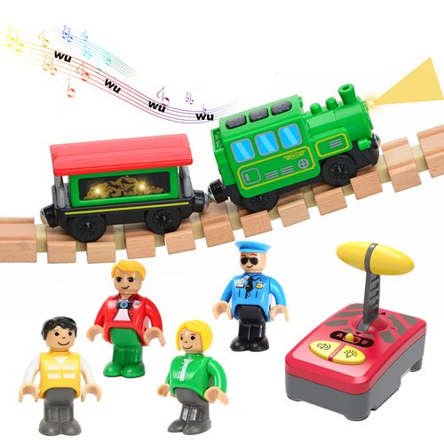 HANQIANN Battery Operated Train Set for Wooden Train Track,Electric Magnetic Locomotive Train Set Remote Control Train Vehicles Toy with Figures for Toddlers